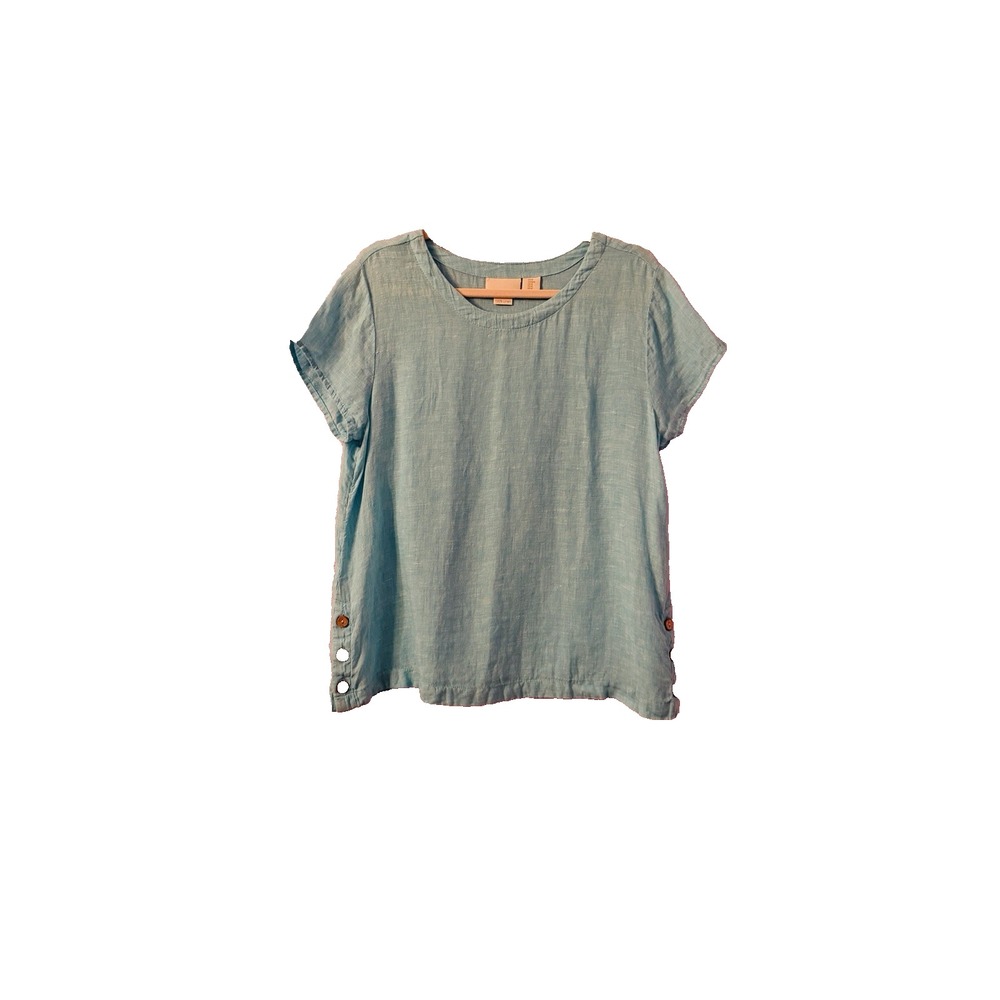 Cynthia Rowley 100% Linen Blouse Top Size M Short Sleeve Tunic Lagenlook Coastal